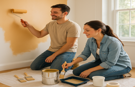 Happy couple painting an interior wall together with rollers and brushes