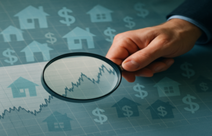 Hand holding a magnifying glass over a financial chart with house and dollar sign icons, representing analysis of how mortgage rates are determined