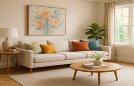 Bright living room with a neutral sofa and colorful throw pillows in sage green, mustard yellow, burnt orange, and teal, illustrating how color affects home and psyche