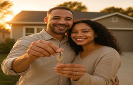 Smiling couple holding house keys together in front of a suburban home at sunset, representing the successful outcome of a home search