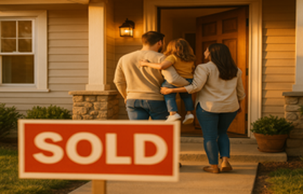 Family walking toward the open front door of their new home with a SOLD sign in the foreground at golden hour, representing the outcome of a home down payment purchase