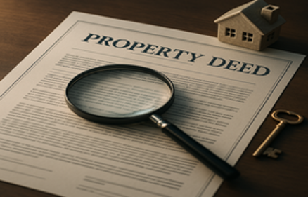 Property deed document with a magnifying glass, wooden house model, and antique key on a desk, representing how a real estate title search works