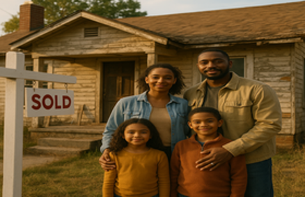 Happy family of four standing in front of a weathered home with a SOLD sign, representing successfully buying a foreclosure property
