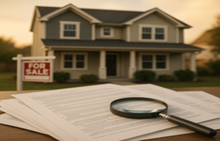 Magnifying glass on real estate documents with a house and For Sale sign blurred in the background, representing the research involved in buying a short sale
