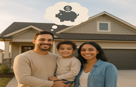 A happy family standing in front of their new home with a thought bubble showing a piggy bank, representing savings on home construction