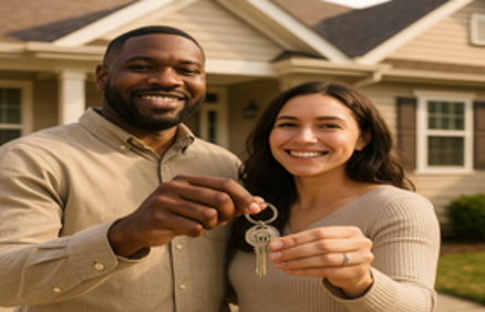 A smiling couple holding house keys together in front of their new suburban home, representing qualifying for an FHA loan