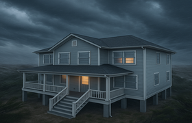 An elevated grey coastal home on stilts under a dark stormy hurricane sky with warm light shining from the windows