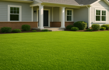A perfectly manicured vibrant green lawn in front of a modern suburban home, representing realistic artificial grass alternatives
