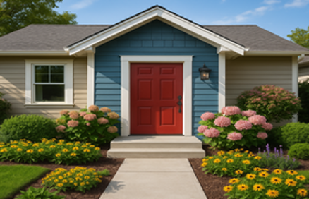 Home front entrance with a red door, colorful landscaping, and strong curb appeal