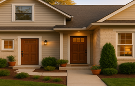A suburban home with two separate front entrances and walkways, illustrating an in-law apartment or multi-generational living setup