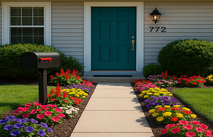 A welcoming home entrance with a teal front door, colorful flower beds, clean walkway, and mailbox, illustrating inexpensive curb appeal tips