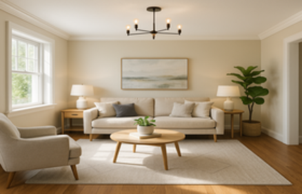 Bright, neutrally styled living room with modern lighting, fresh decor, and plants, staged to appeal to home buyers