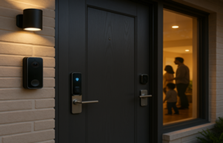 A modern front door with a smart lock and video doorbell at night, with a warmly lit family visible through the window, representing innovative home security technology