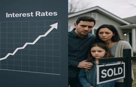 A rising interest rates graph beside a concerned family standing in front of a home with a SOLD sign, illustrating how interest rates affect the housing market