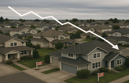 Aerial view of suburban homes with For Sale signs and a downward trending white arrow overlay symbolizing the slowest home price growth pace in 12 years
