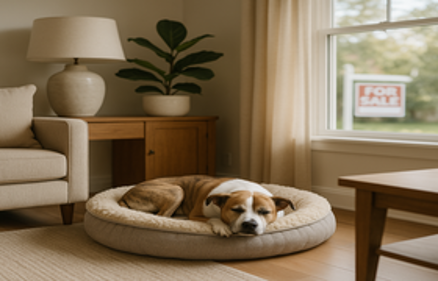 A brown and white dog sleeping peacefully in a plush bed inside a cozy home, with a For Sale real estate sign visible through the window