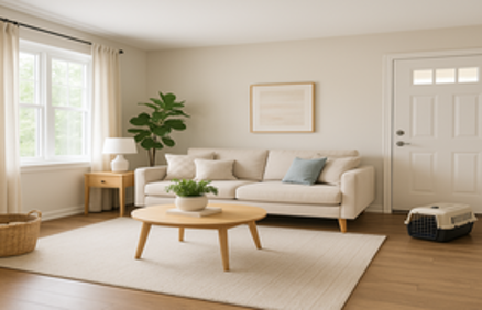 Bright modern living room with light wood-look laminate flooring, sofa, and indoor plants