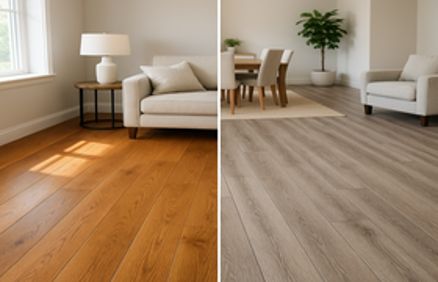 Split-view comparison of warm natural hardwood flooring on the left and gray laminate wood-look flooring on the right in a modern home interior