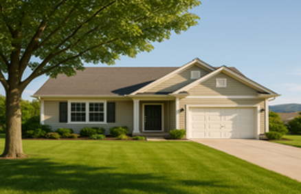 Well-maintained suburban home with a large green lawn, mature trees, and landscaped yard, highlighting the importance of land around a potential home
