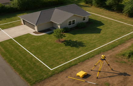 Aerial view of a suburban home with property boundary lines and land surveying equipment