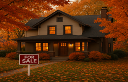 House for sale in autumn with a FOR SALE sign and fall foliage