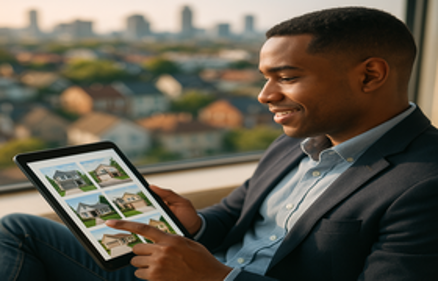 A man browsing house listings on a tablet by a window with a city skyline view, representing long-distance house hunting