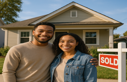 Happy couple standing in front of their new home with a SOLD sign