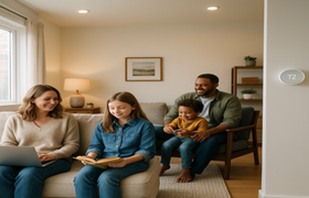 Family relaxing in a cozy living room with a smart thermostat on the wall displaying 72 degrees