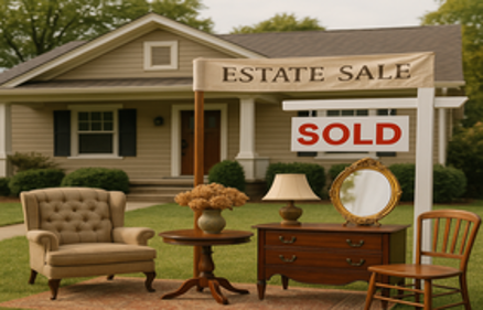 Furniture and household items displayed on a front lawn with an Estate Sale banner and SOLD sign in front of a suburban home