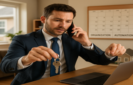 A businessman in a suit multitasking at his desk with a laptop, phone, house keys, and model home, representing managing investment property while working full-time