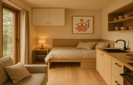 Bright, minimalist micro-home interior with bed, kitchenette, and living area in a compact, efficiently designed space
