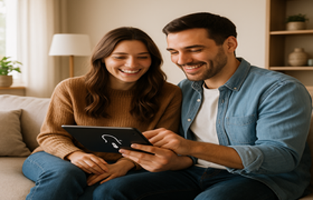 A young couple sitting together on a couch smiling while looking at a tablet, representing millennial home buyers researching online