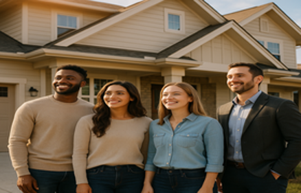 Four diverse young adults standing together in front of a modern suburban home, representing millennial home buying trends sellers should know