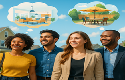 Diverse group of millennial homebuyers with thought bubbles showing modern interior and outdoor living space preferences