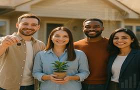 Diverse group of young adults smiling in front of a home with house keys and financial chart overlays