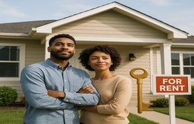 Millennial couple standing in front of a home with a for rent sign and golden key