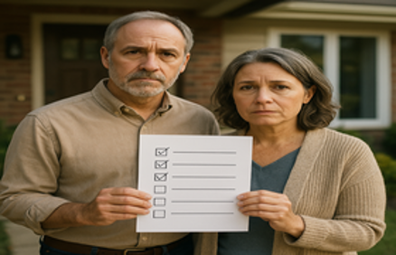 Concerned older couple holding a partially completed checklist in front of a suburban home, representing common home-buying mistakes