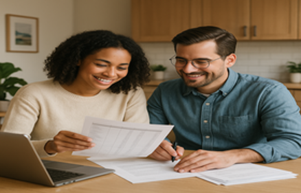 Couple reviewing mortgage budget documents together at home