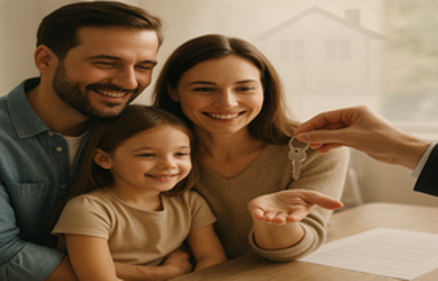 A smiling family receiving house keys at a closing table with closing paperwork, representing the mortgage closing process