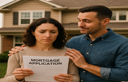 Disappointed couple reviewing a mortgage application document in front of a suburban home