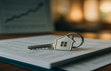 A house key with a house-shaped keychain on mortgage documents with an upward-trending graph in the background, representing mortgage rate trends