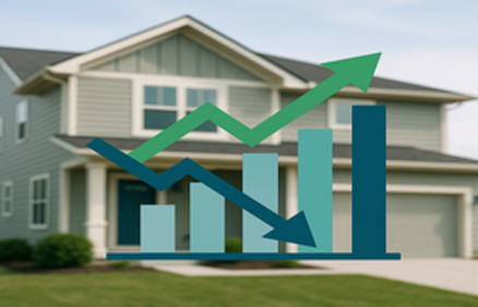 Bar and line charts overlaid on a suburban home, representing fluctuating mortgage rate and housing market trends