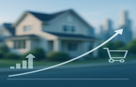 A suburban home with an upward-trending market growth line graph overlay, representing what is ahead for mortgage rates