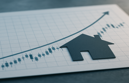 A house silhouette on an upward-trending financial candlestick chart, representing mortgage rate and housing market trends