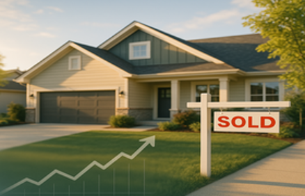 A suburban home with a SOLD sign and an upward-trending market graph overlay, representing mortgage rate and housing market trends
