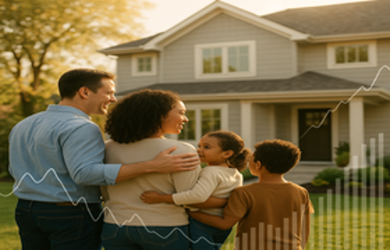A family of four looking at their suburban home with mortgage rate trend graphs overlaid, representing what is ahead for mortgage rates