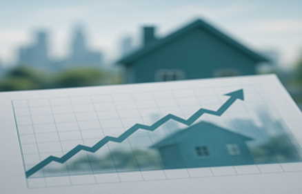 An upward-trending line graph on paper with a blurred house and city skyline in the background, representing mortgage rate trends