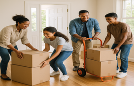 Family safely moving boxes into a new home using proper lifting techniques and a hand truck