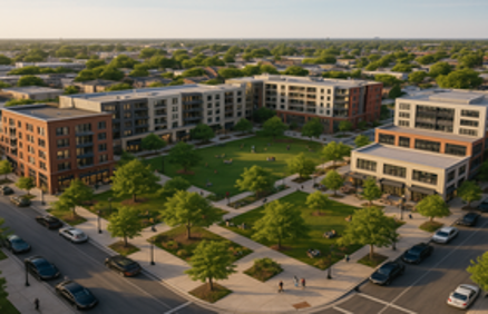 Aerial view of a modern mixed-use urban development with residential and commercial buildings surrounding a central green park