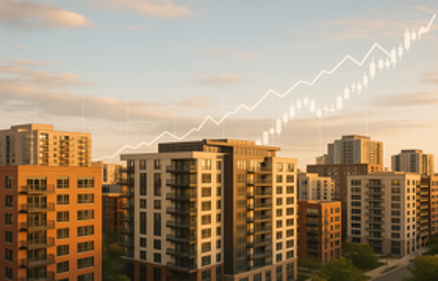 Modern apartment buildings with an upward trending market graph overlay at golden hour